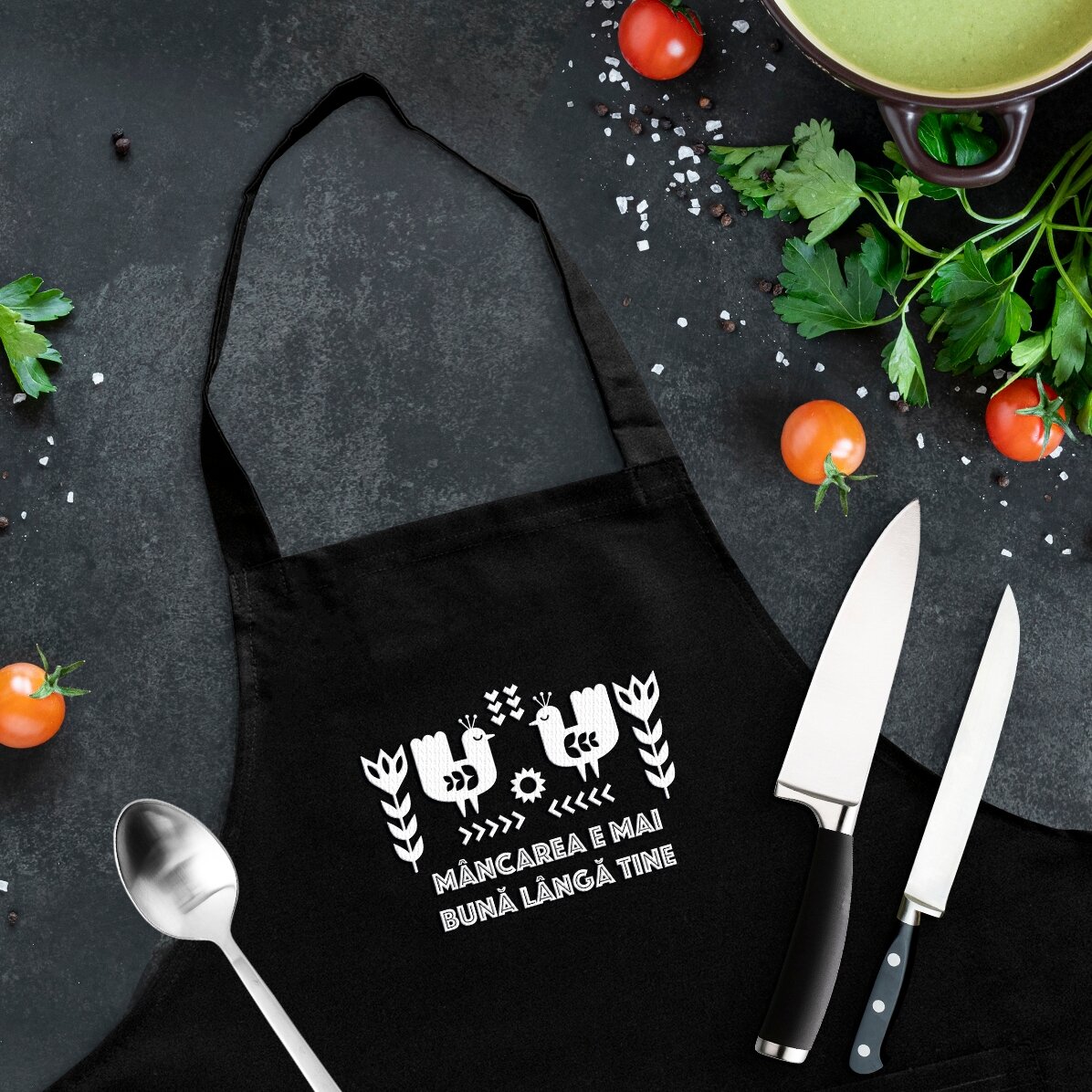 Șorț personalizat cu text - Model cu păsări