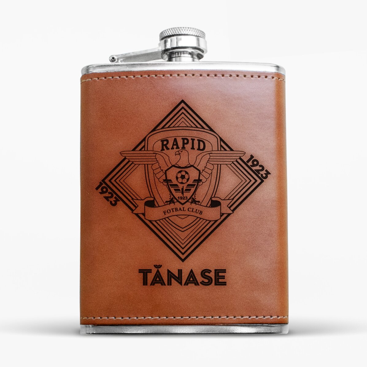 Sticlă de buzunar FC Rapid îmbrăcată în piele personalizată cu text - FC Rapid 1923