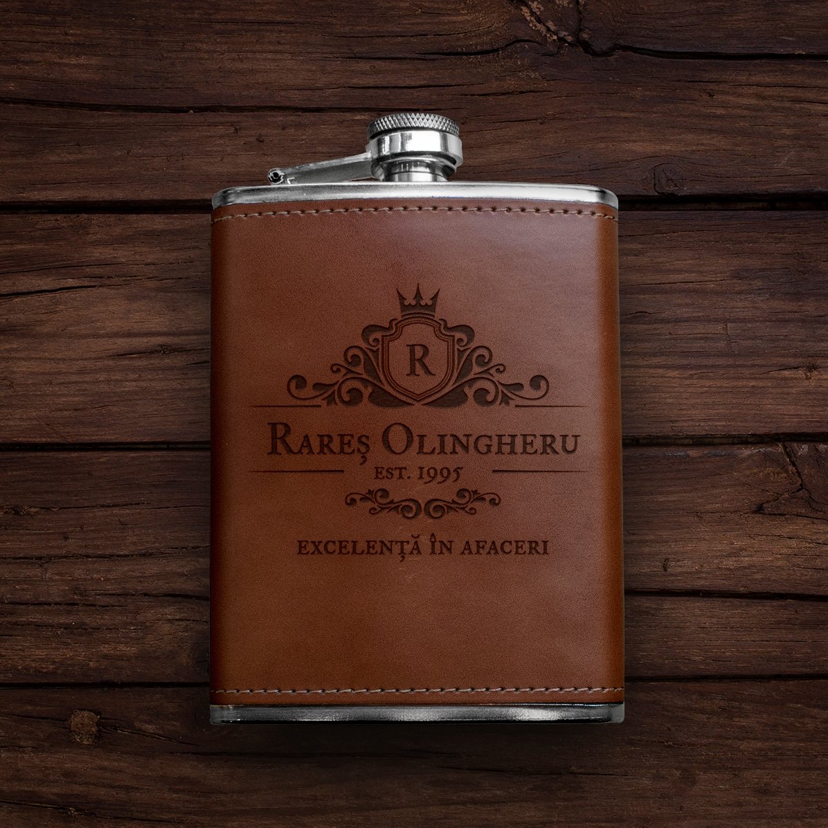 Sticlă de buzunar personalizată îmbrăcată în piele - Excellence