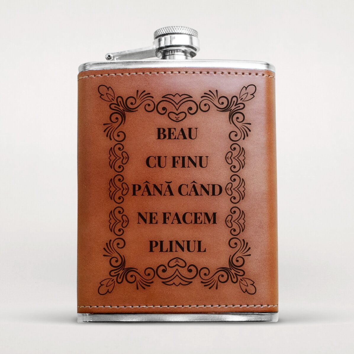 Sticlă de buzunar îmbrăcată în piele personalizată cu mesaj - Elegant