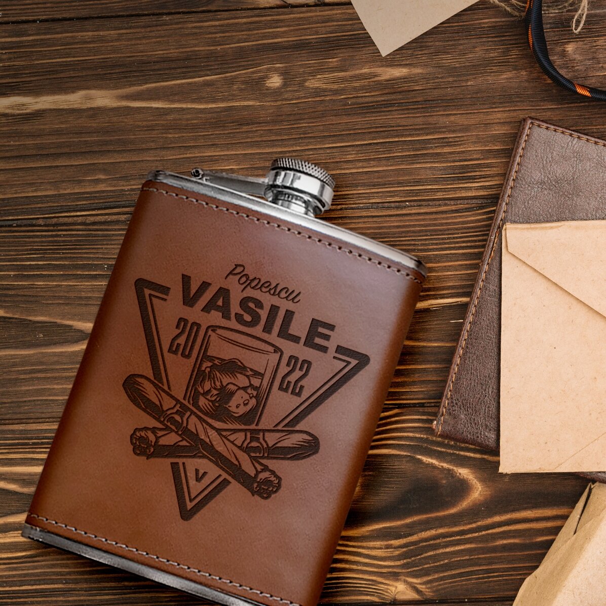 Leather-covered pocket flask personalised with name and year - Wishkey