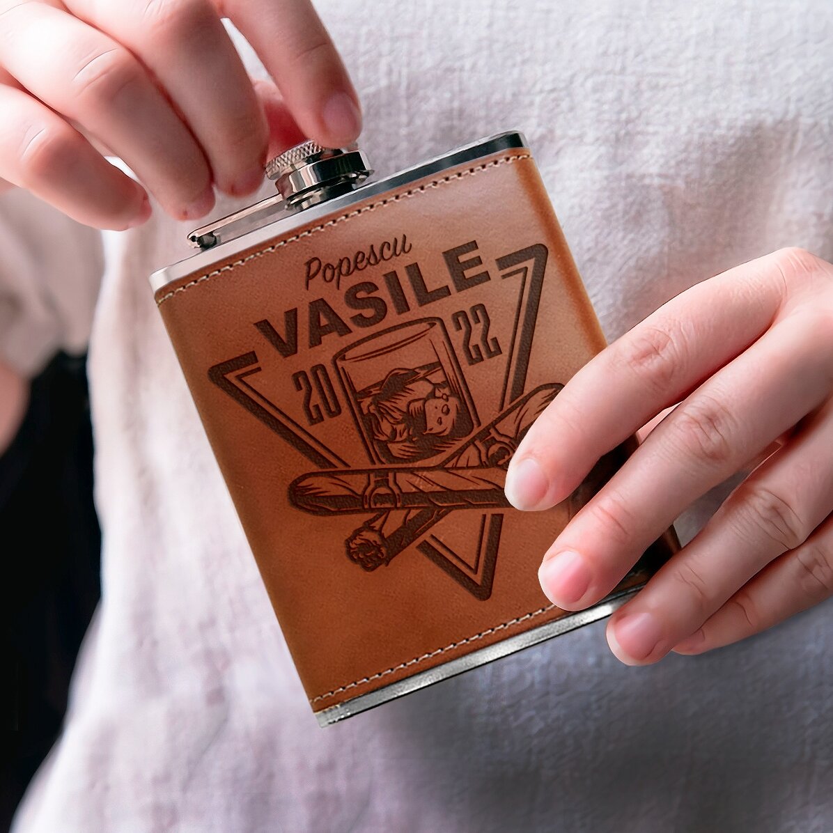 Leather-covered pocket flask personalised with name and year - Wishkey