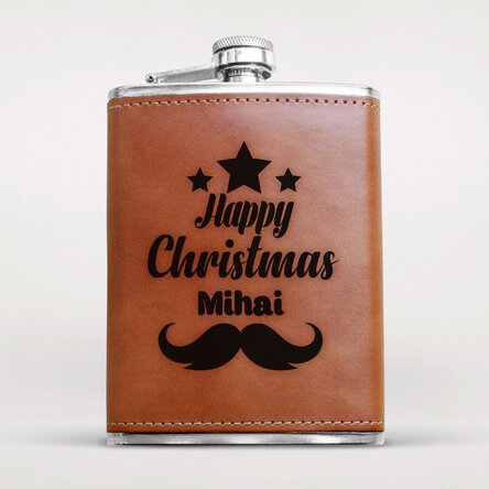 Sticlă de buzunar personalizată îmbrăcată în piele - Happy Christmas