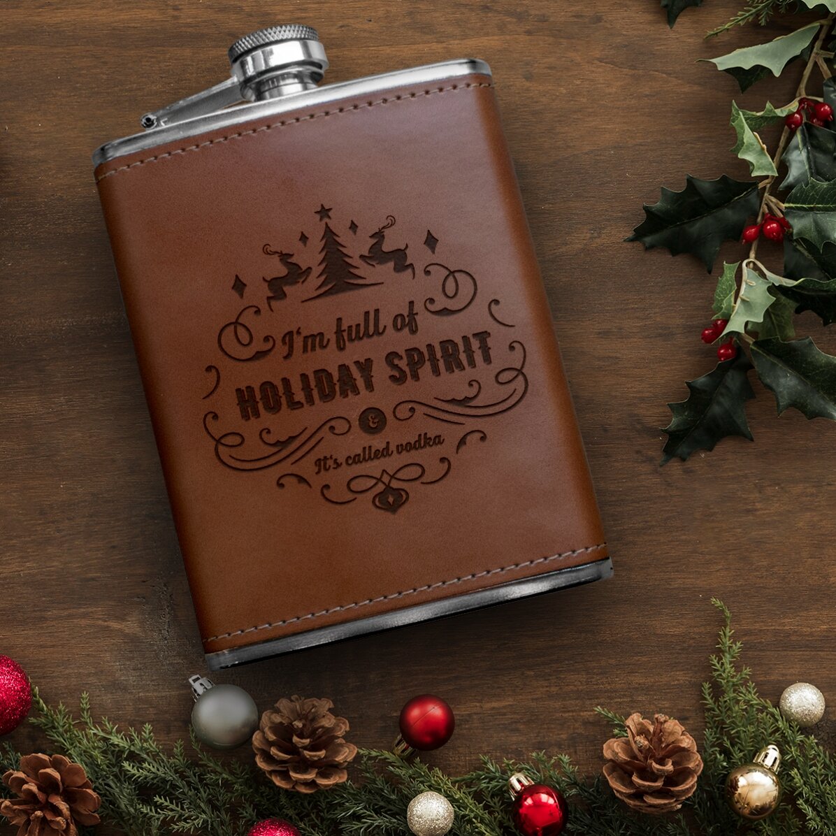 Sticlă de buzunar personalizată îmbrăcată în piele - Holiday Spirit