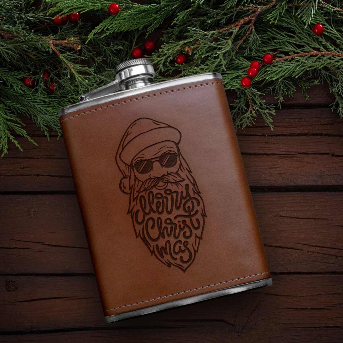 Sticlă de buzunar personalizată îmbrăcată în piele - Merry Christmas