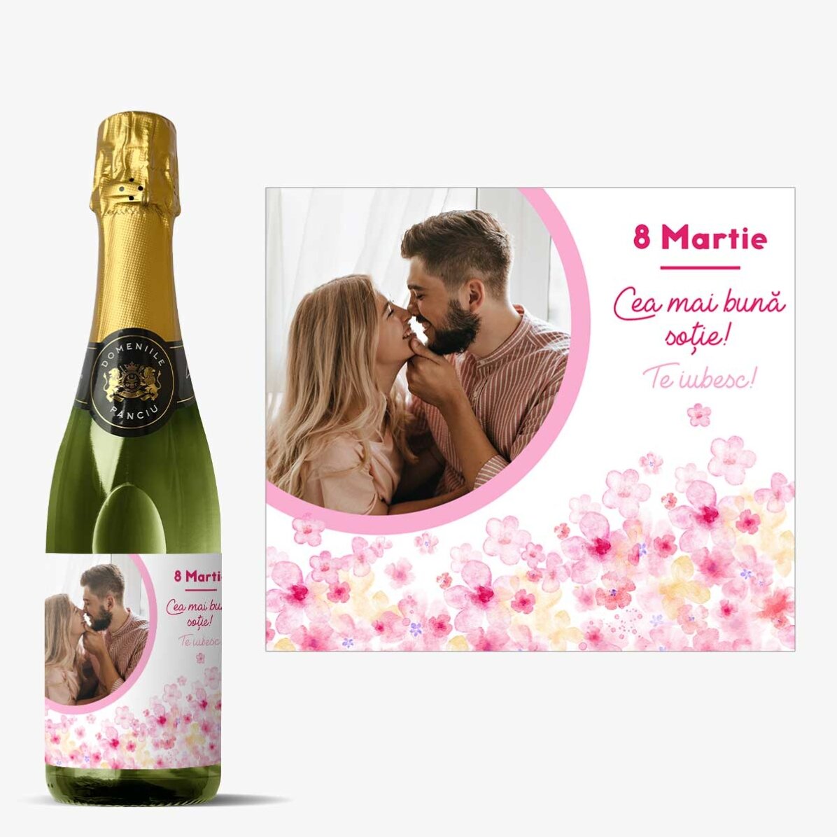 Medium bottle of sparkling wine personalised with text and photo - Flowers