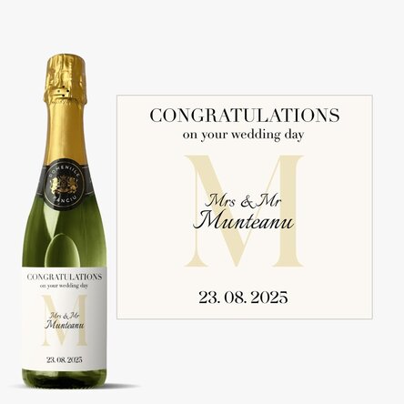 Sticlă medie de vin spumant personalizată cu text și inițială - Felicitări!