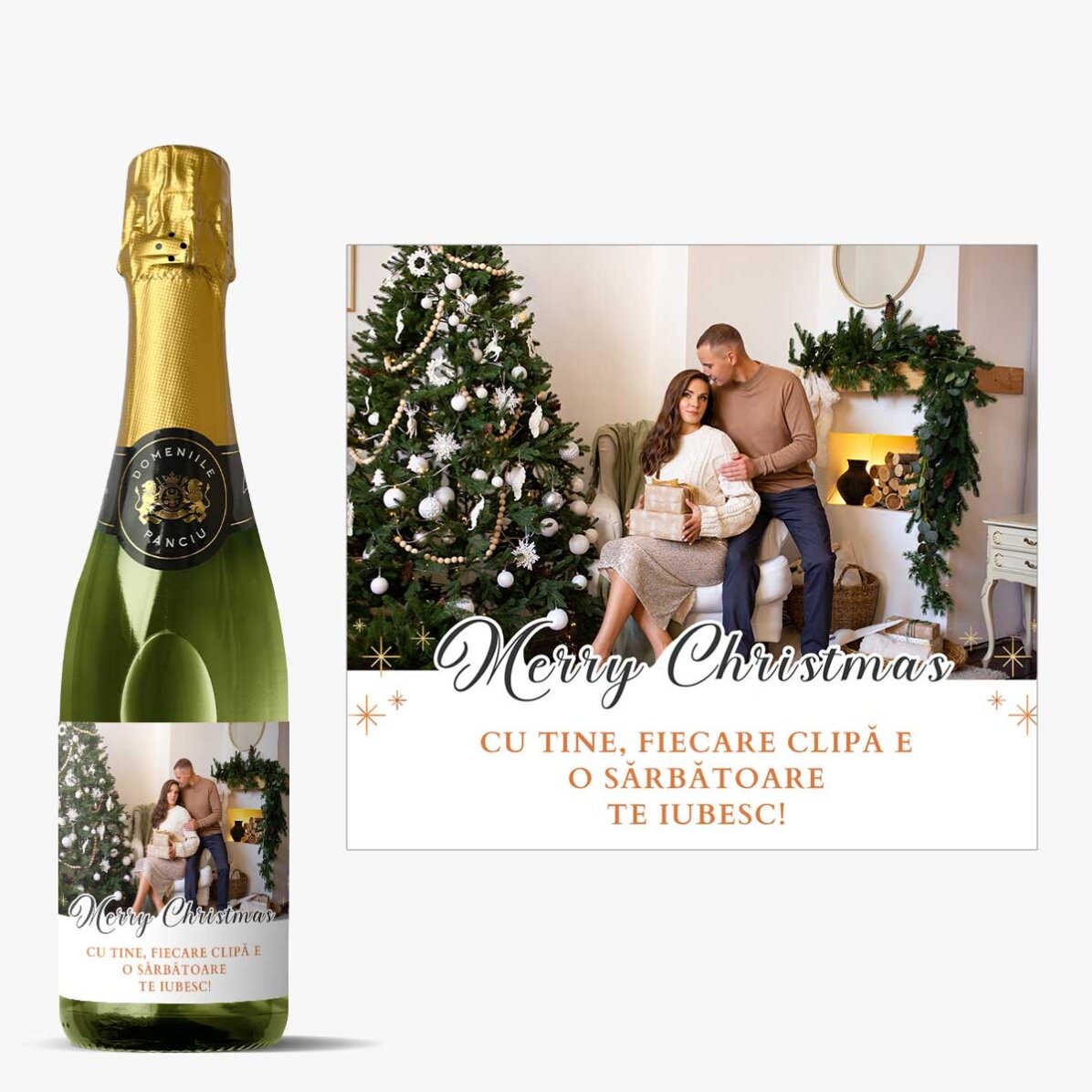 Medium bottle of sparkling wine personalised with text and a photo - Merry Christmas
