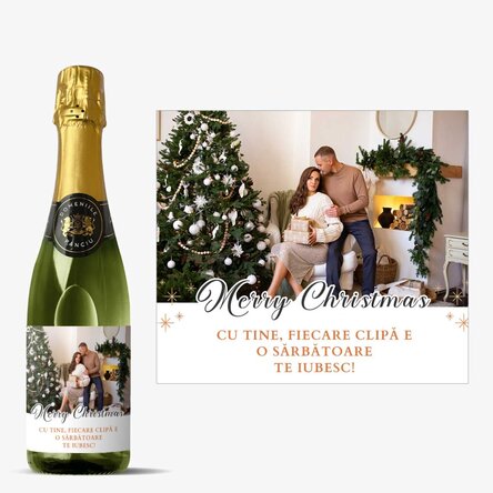 Medium bottle of sparkling wine personalised with text and a photo - Merry Christmas