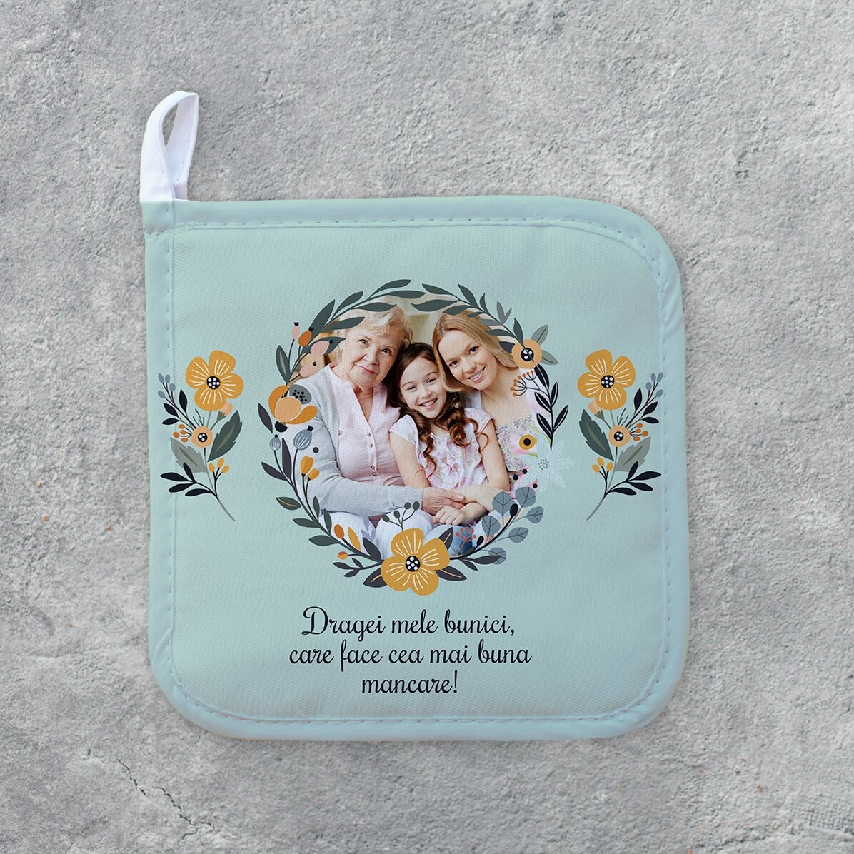 Personalised hot pot holder with photo and text - Flower design