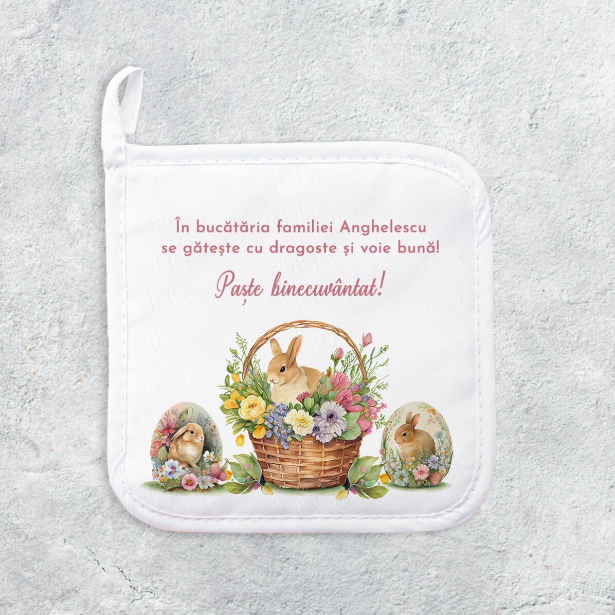 Suport oală fierbinte personalizat cu text - Iepurași de Paște