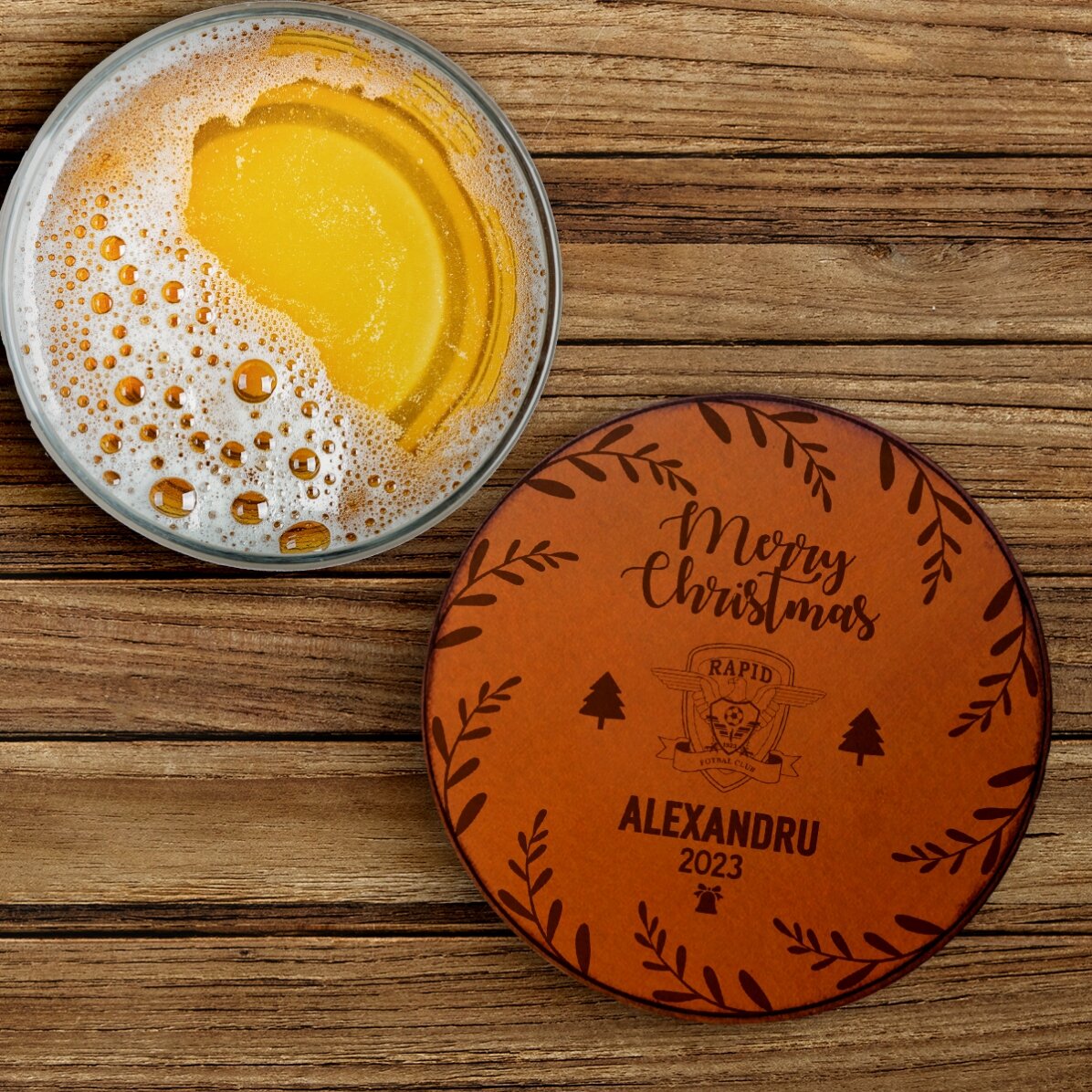 Suport pahar din piele FC Rapid personalizat cu nume - Decorațiuni de Crăciun