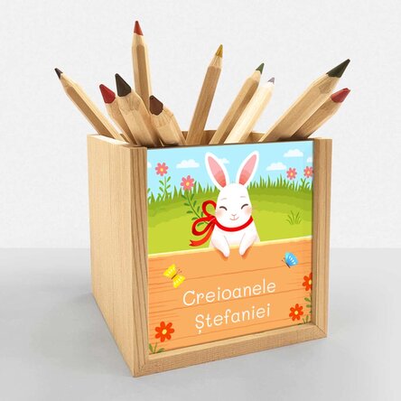 Suport pentru creioane personalizat cu mesaj - Iepuraș