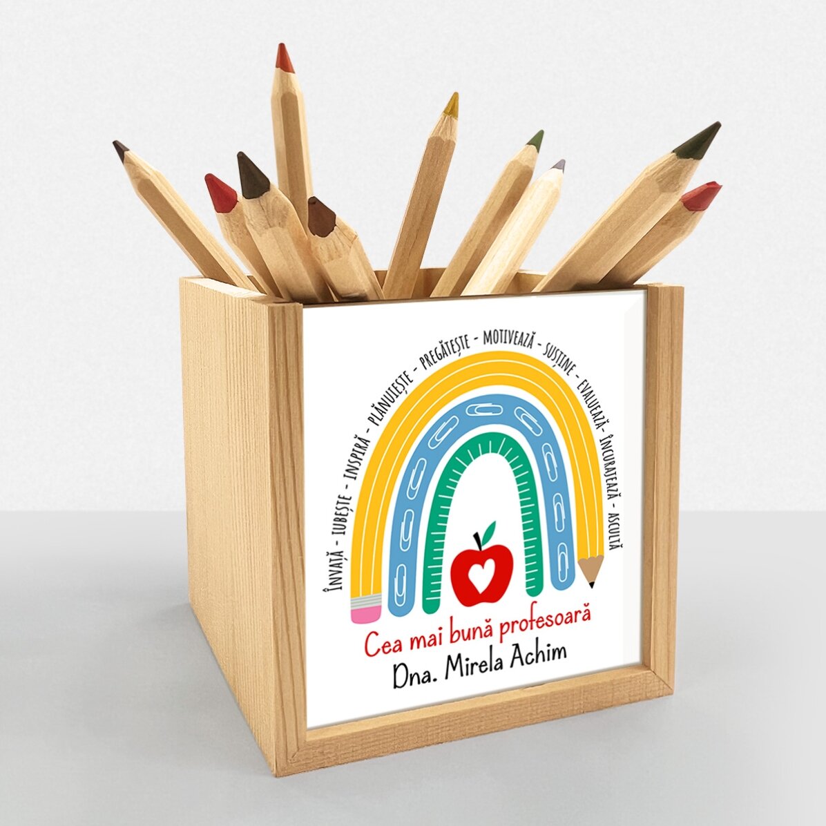 Suport pentru creioane personalizat cu mesaj pentru profesoară