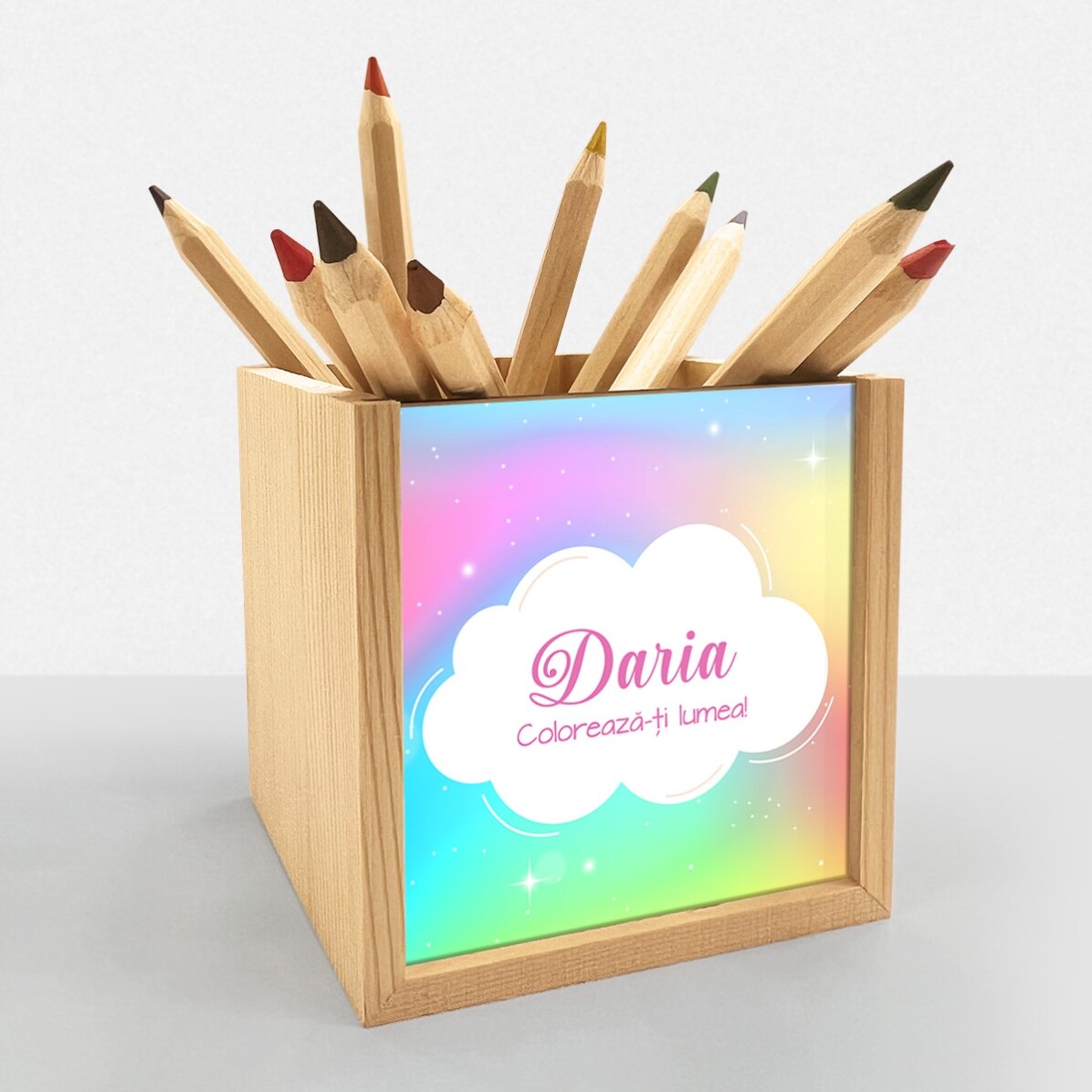 Suport pentru creioane personalizat cu nume - Curcubeu