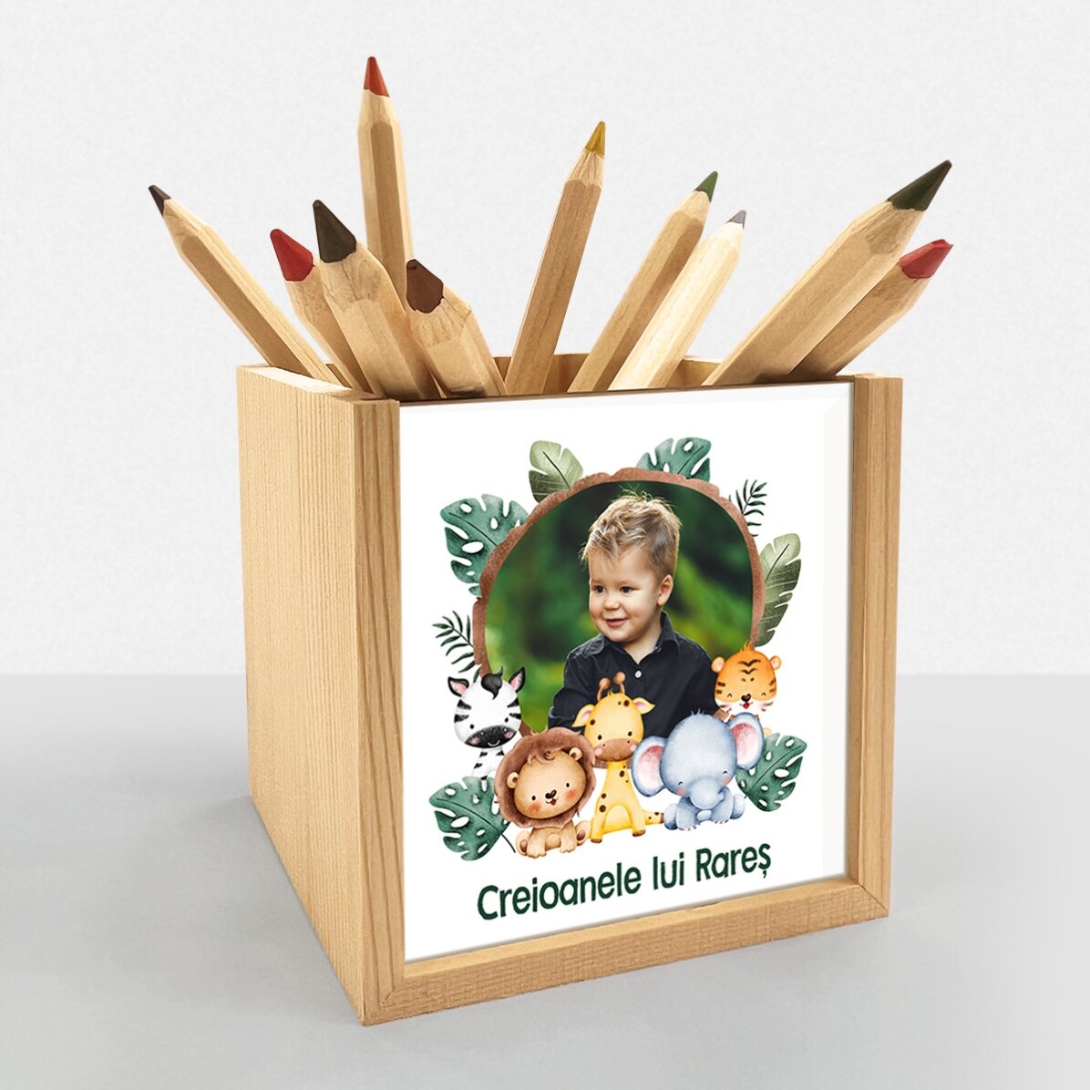 Suport pentru creioane personalizat cu poză și text - Animăluțe