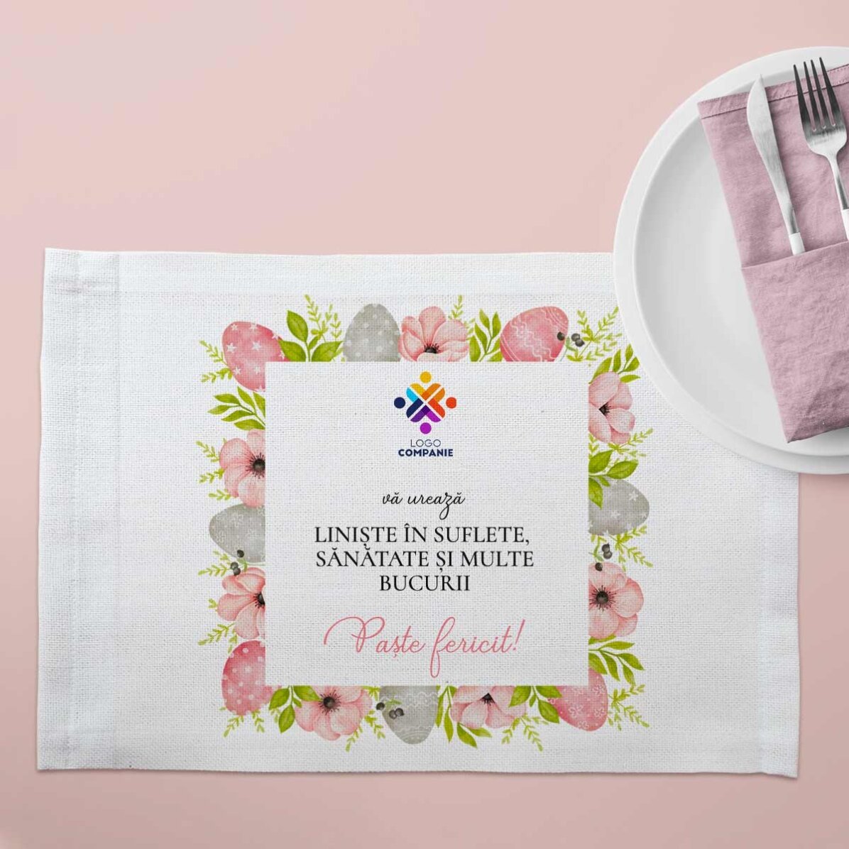 Suport pentru farfurie personalizat cu logo și text - Paște fericit!
