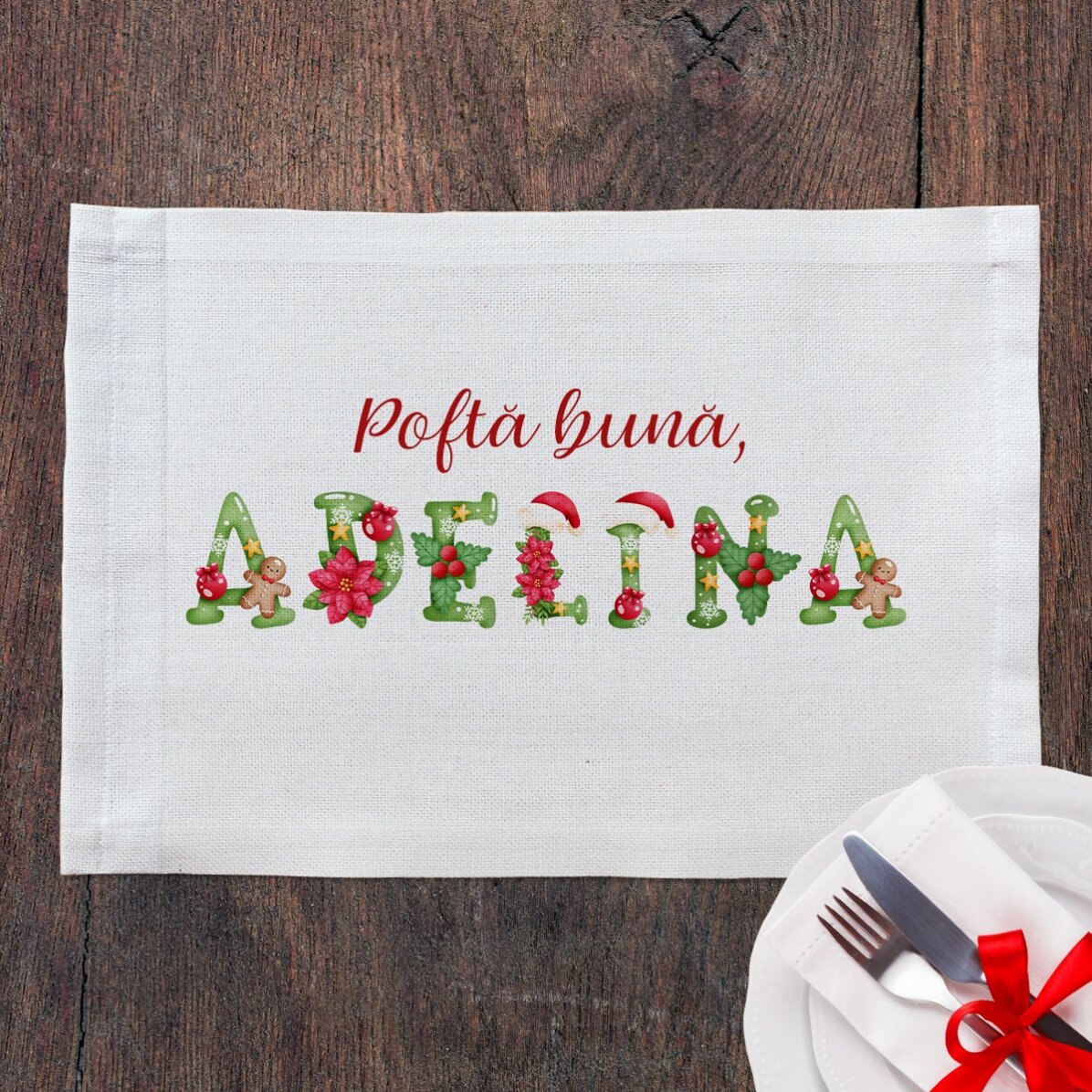 Suport pentru farfurie personalizat cu nume de Crăciun