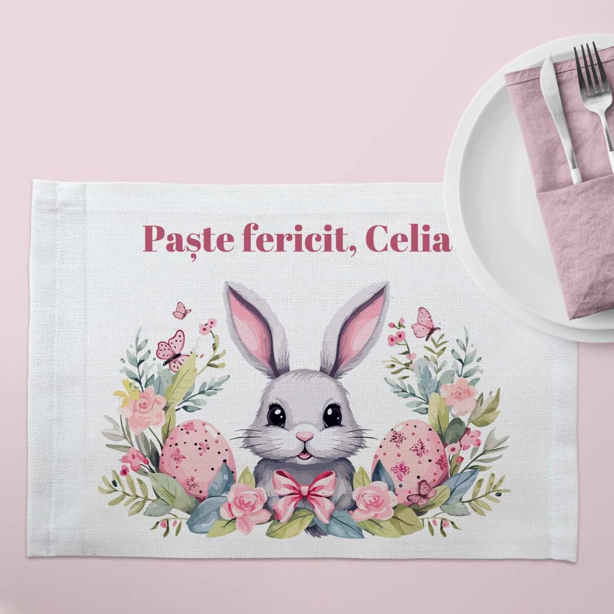 Suport pentru farfurie personalizat cu text - Iepuraș de Paște