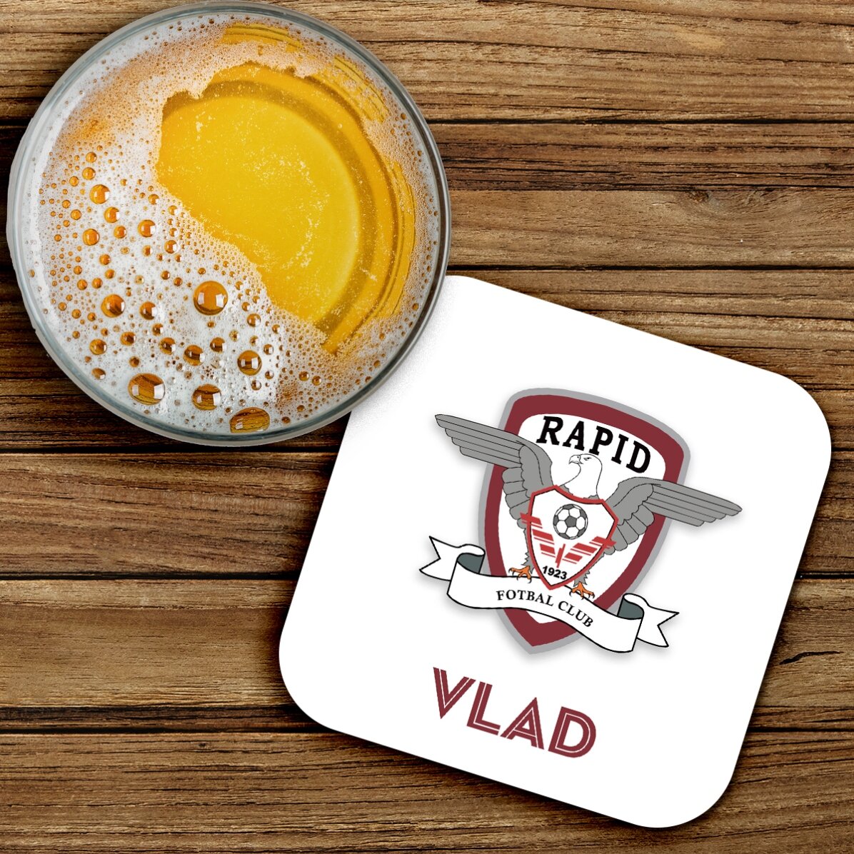 Suport pentru pahar FC Rapid personalizat cu text - Emblema FC Rapid