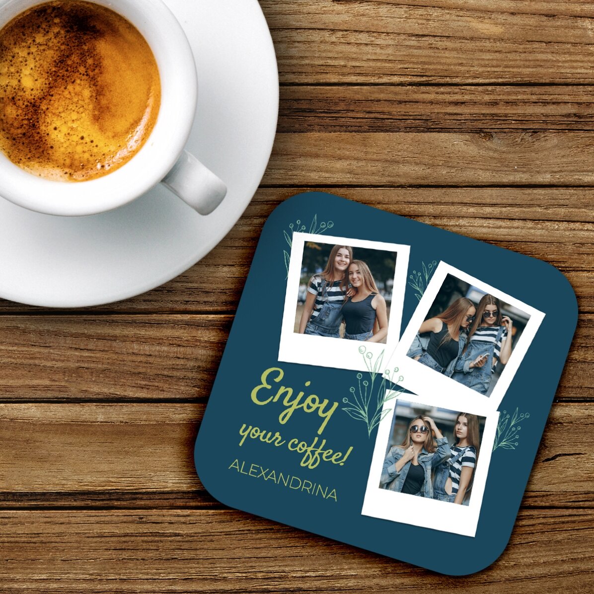 Suport pentru pahar personalizat cu 3 poze și text - Enjoy your coffee