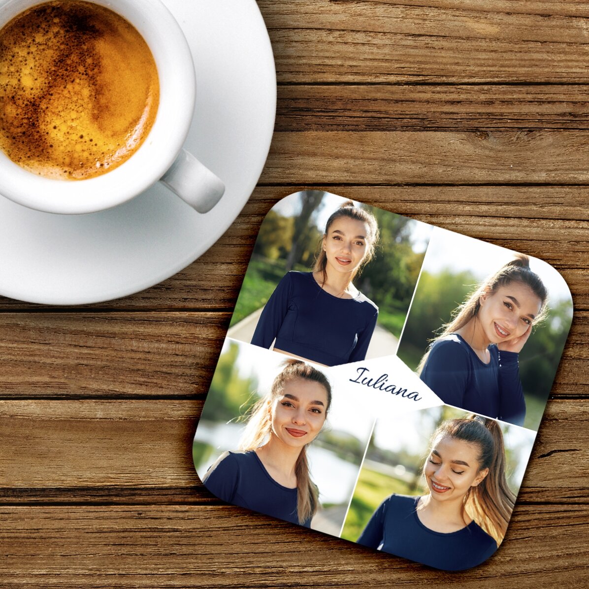 Suport pentru pahar personalizat cu 4 poze și text - Diamond shape