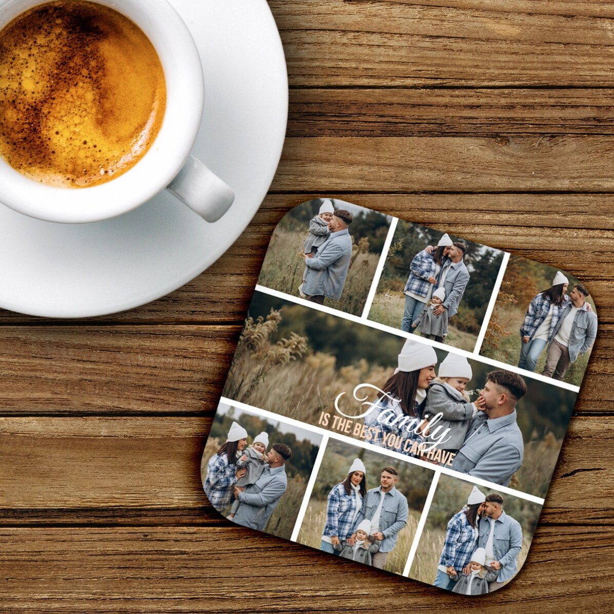 Suport pentru pahar personalizat cu 7 poze și text - Family