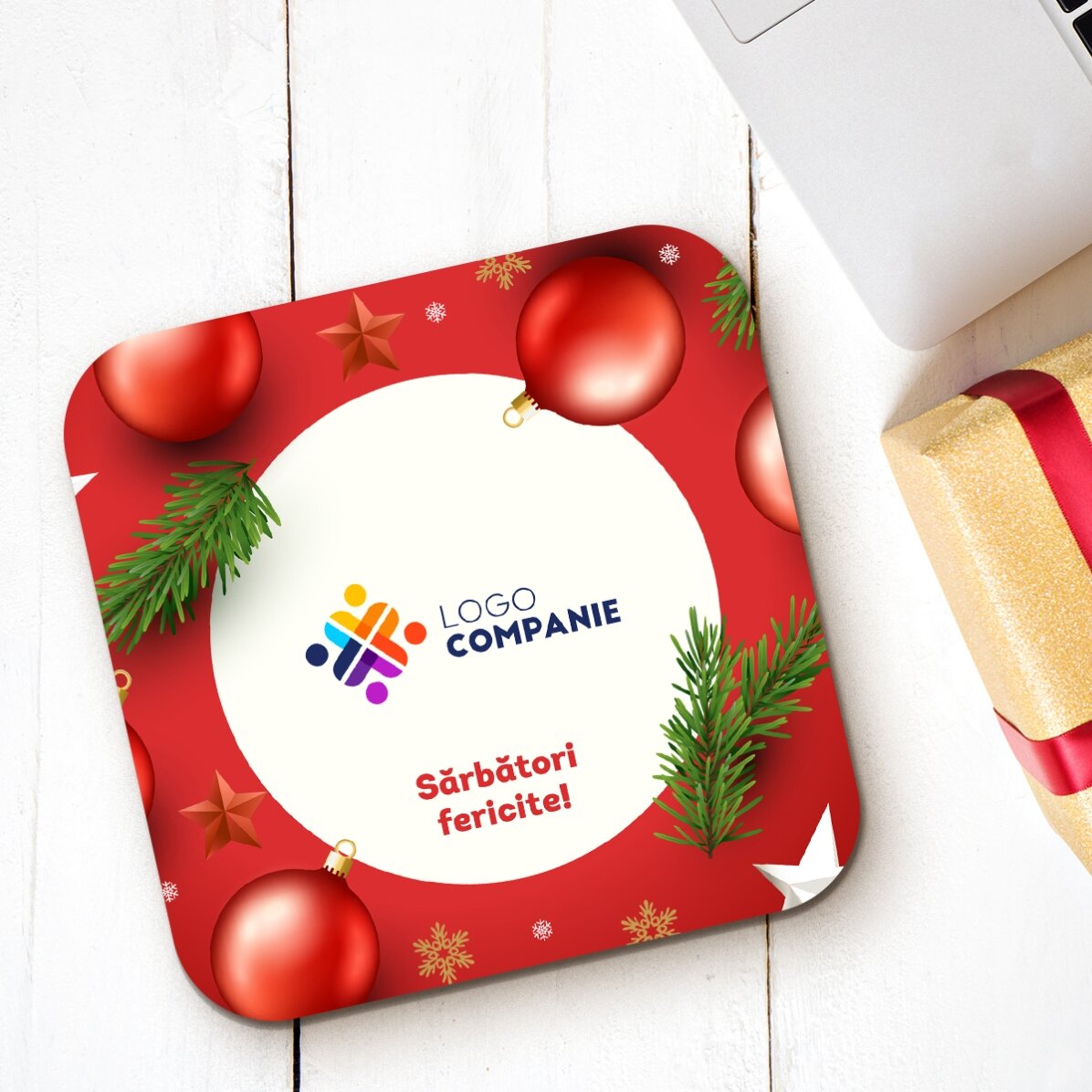 Suport pentru pahar personalizat cu logo și text - Sărbători fericite