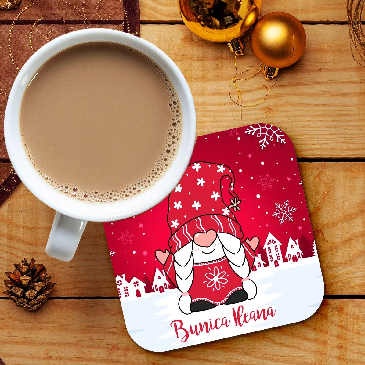 Suport pentru pahar personalizat cu nume - Doamna gnom