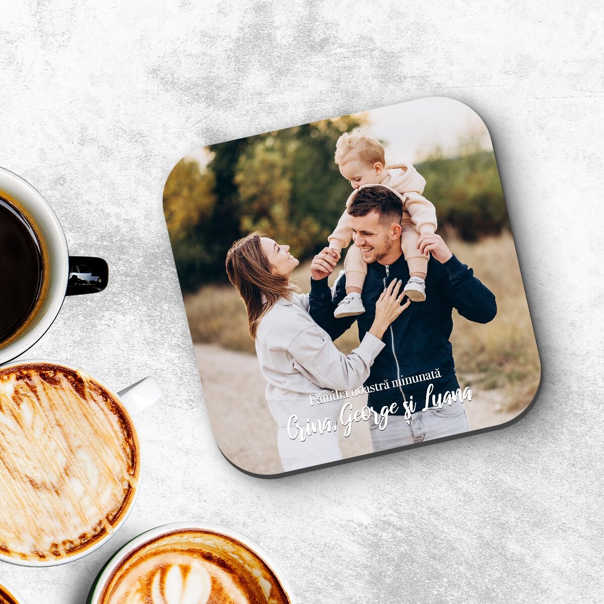 Suport pentru pahar personalizat cu poză și text - Familia noastră