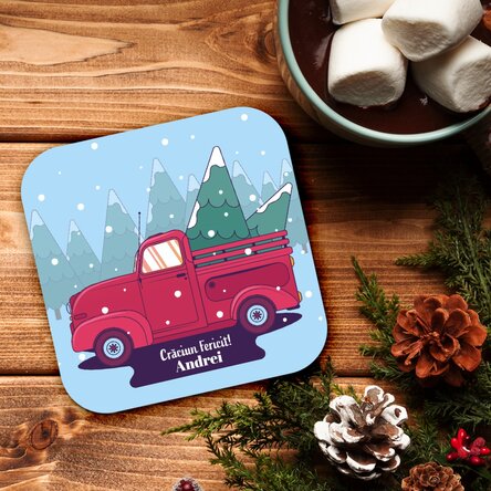 Suport pentru pahar personalizat cu text - Mașină de Crăciun