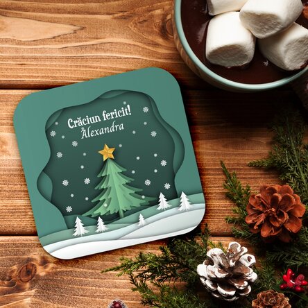 Suport pentru pahar personalizat cu text - Priveliște de Crăciun