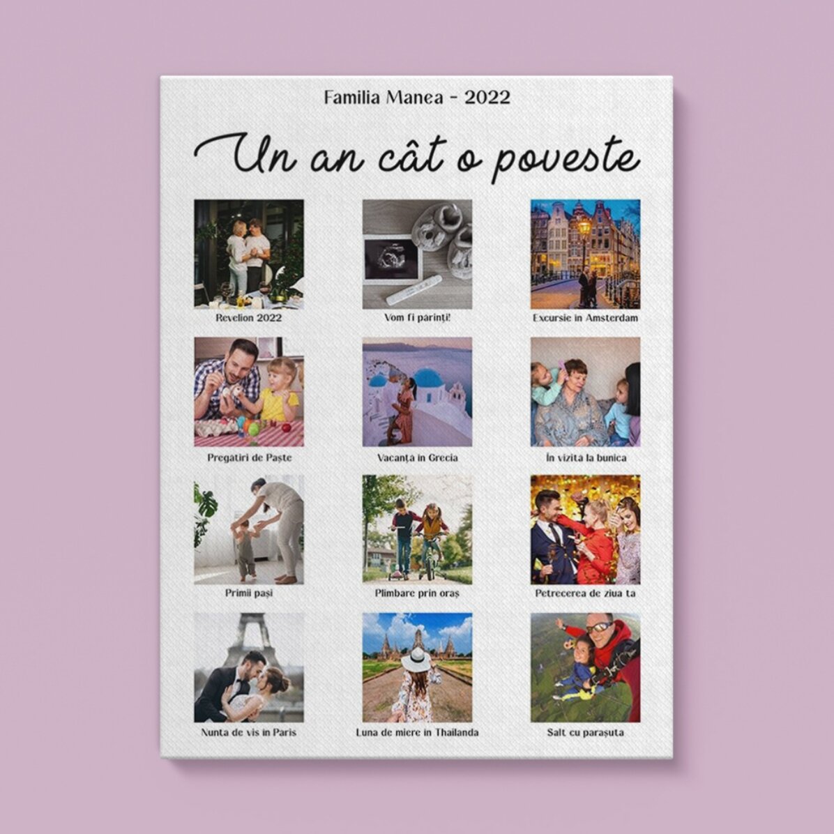 Tablou canvas personalizat cu 12 poze și text - Un an cât o poveste