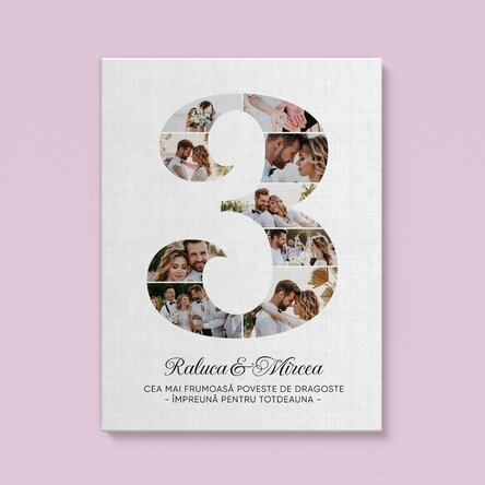 Tablou canvas personalizat cu cifra 3, fotografii și mesaj - Aniversare relație