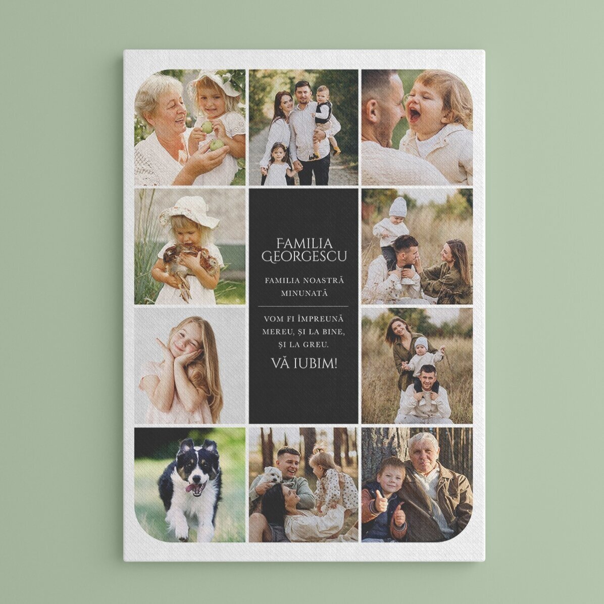 Tablou canvas personalizat cu text și 10 poze - Familia noastră