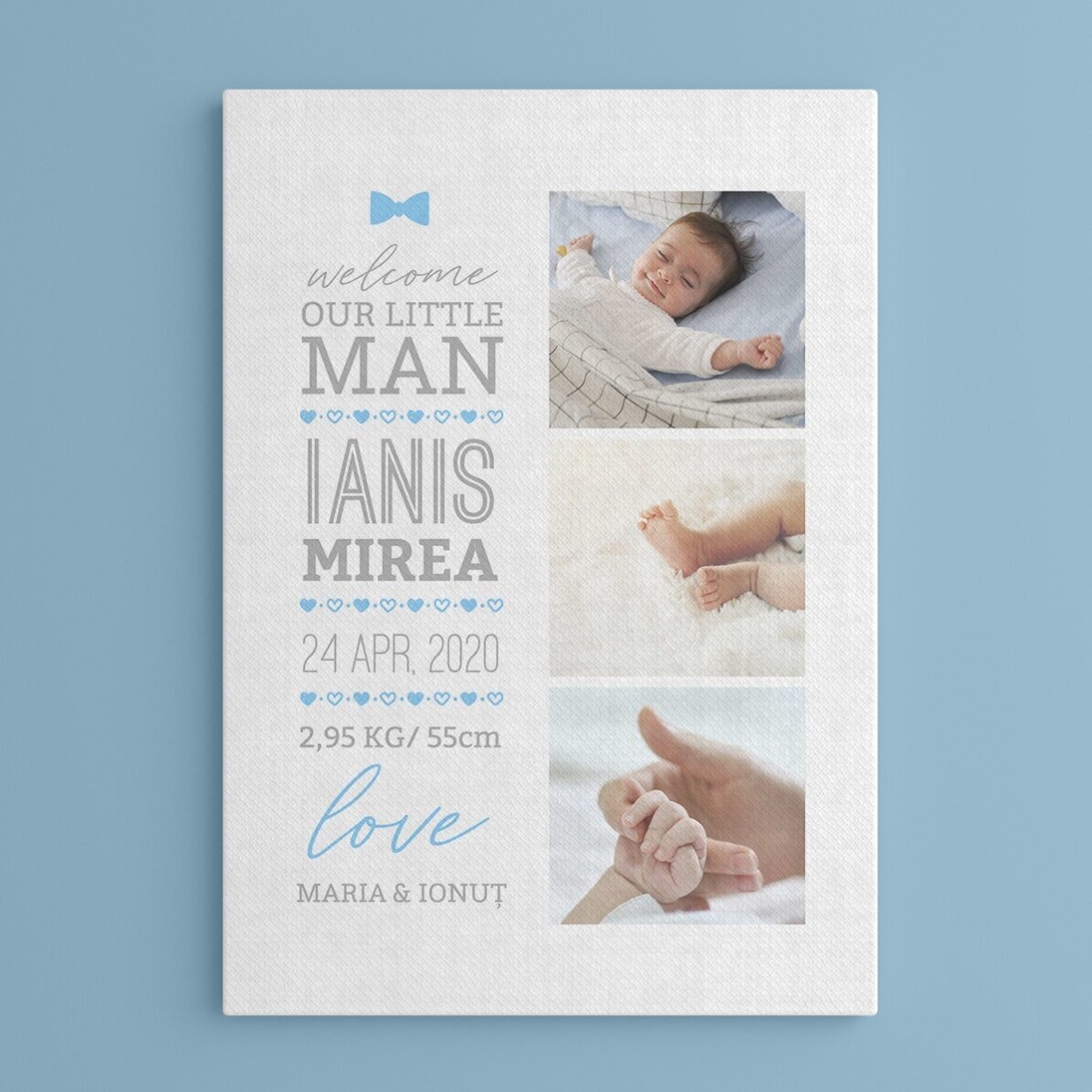 Tablou canvas personalizat cu text și 3 poze - Hello, baby (Băiat)