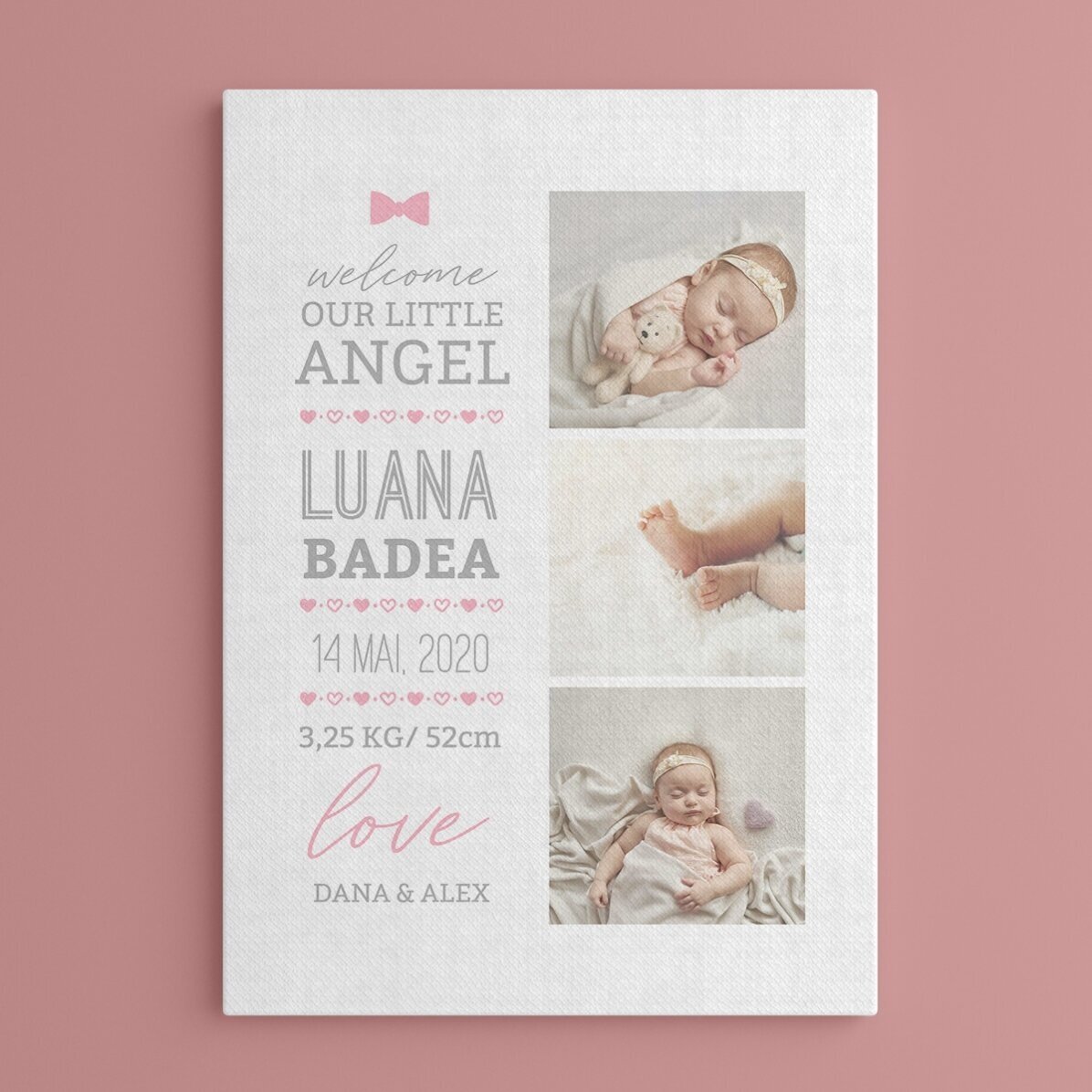 Tablou canvas personalizat cu text și 3 poze - Hello, baby (Fată)