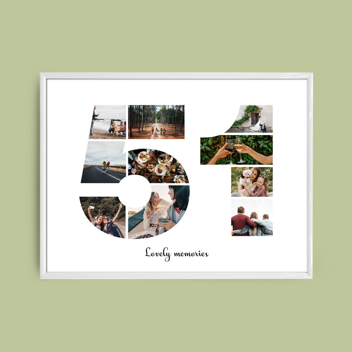 Personalised landscape canvas with 10 photos, model number 51, and text message