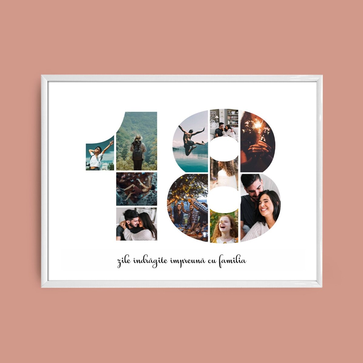 Personalised landscape canvas with 11 photos, model number 18, and text message