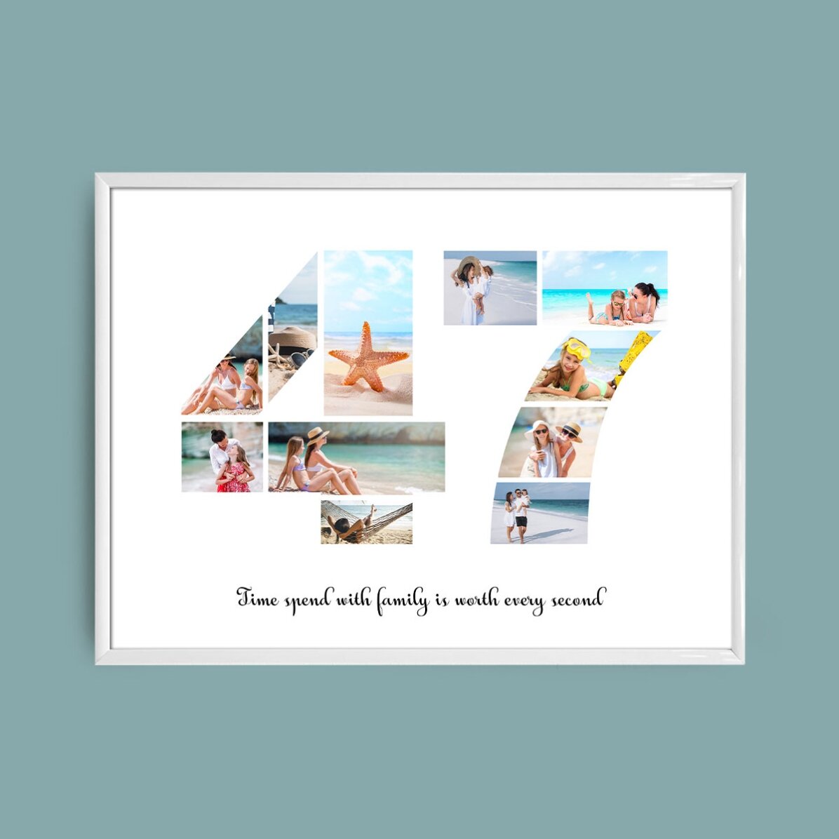 Personalised landscape canvas with 11 photos, model number 47, and text message