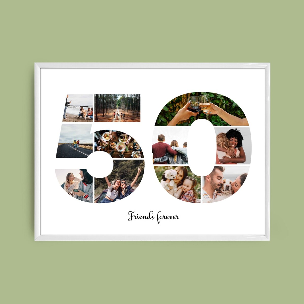 Personalised landscape canvas with 11 photos, model number 50, and text message