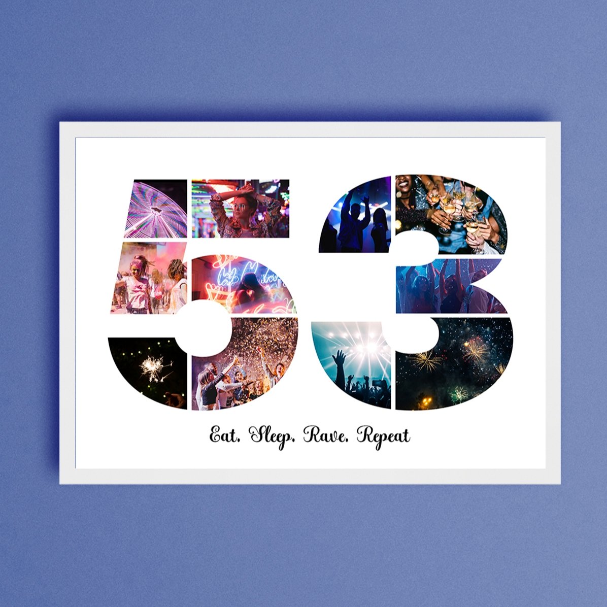 Personalised landscape canvas with 11 photos, model number 53, and text message