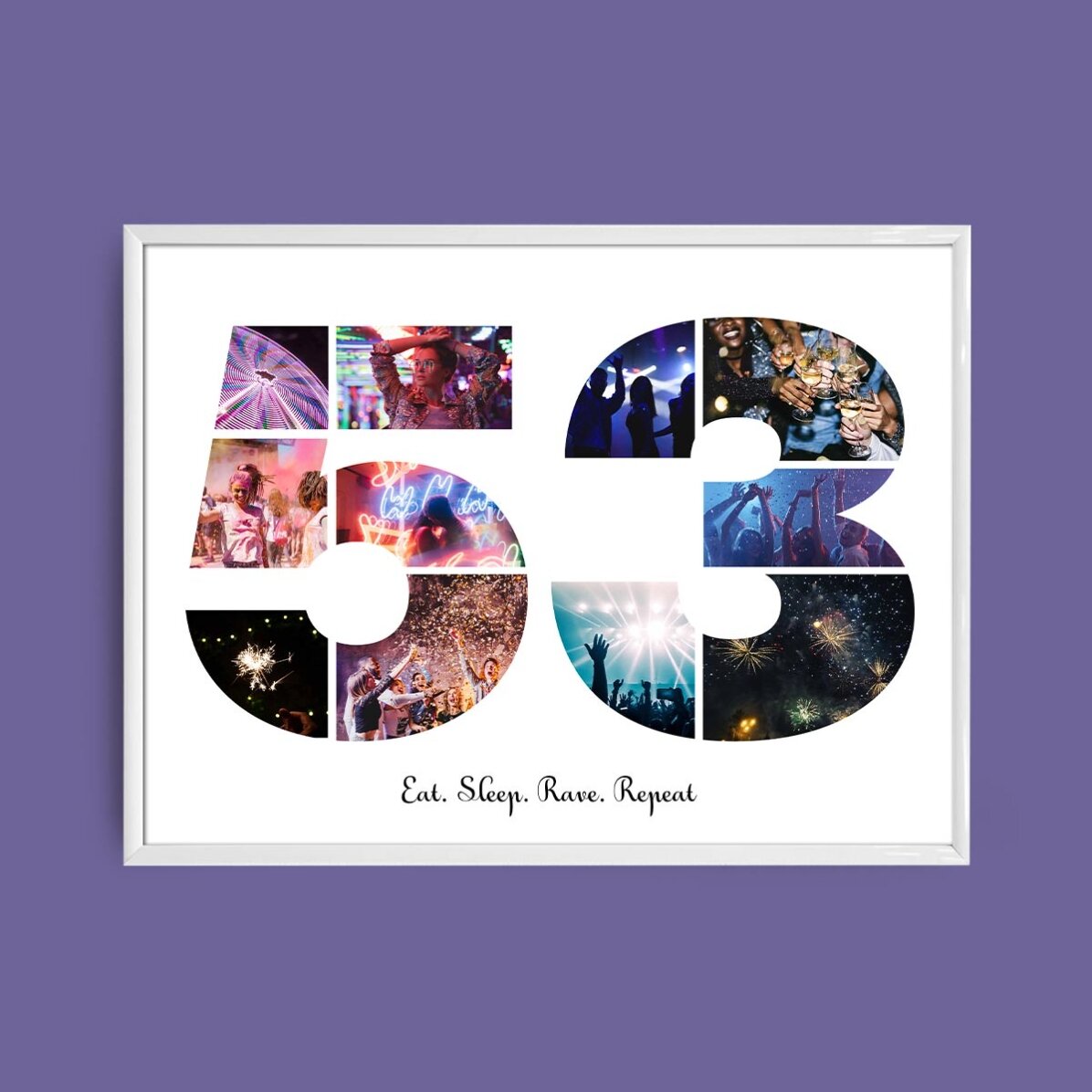 Personalised landscape canvas with 11 photos, model number 53, and text message