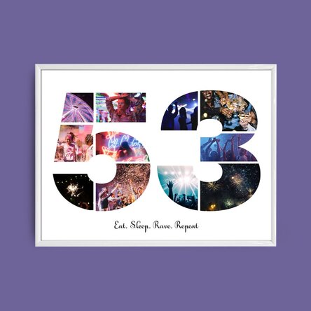 Personalised landscape canvas with 11 photos, model number 53, and text message