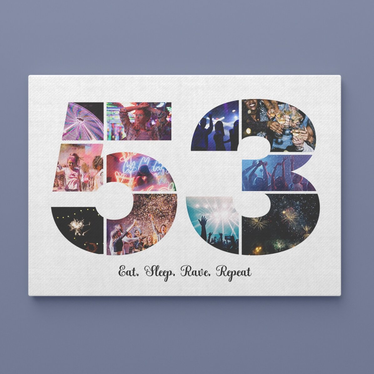 Personalised landscape canvas with 11 photos, model number 53, and text message