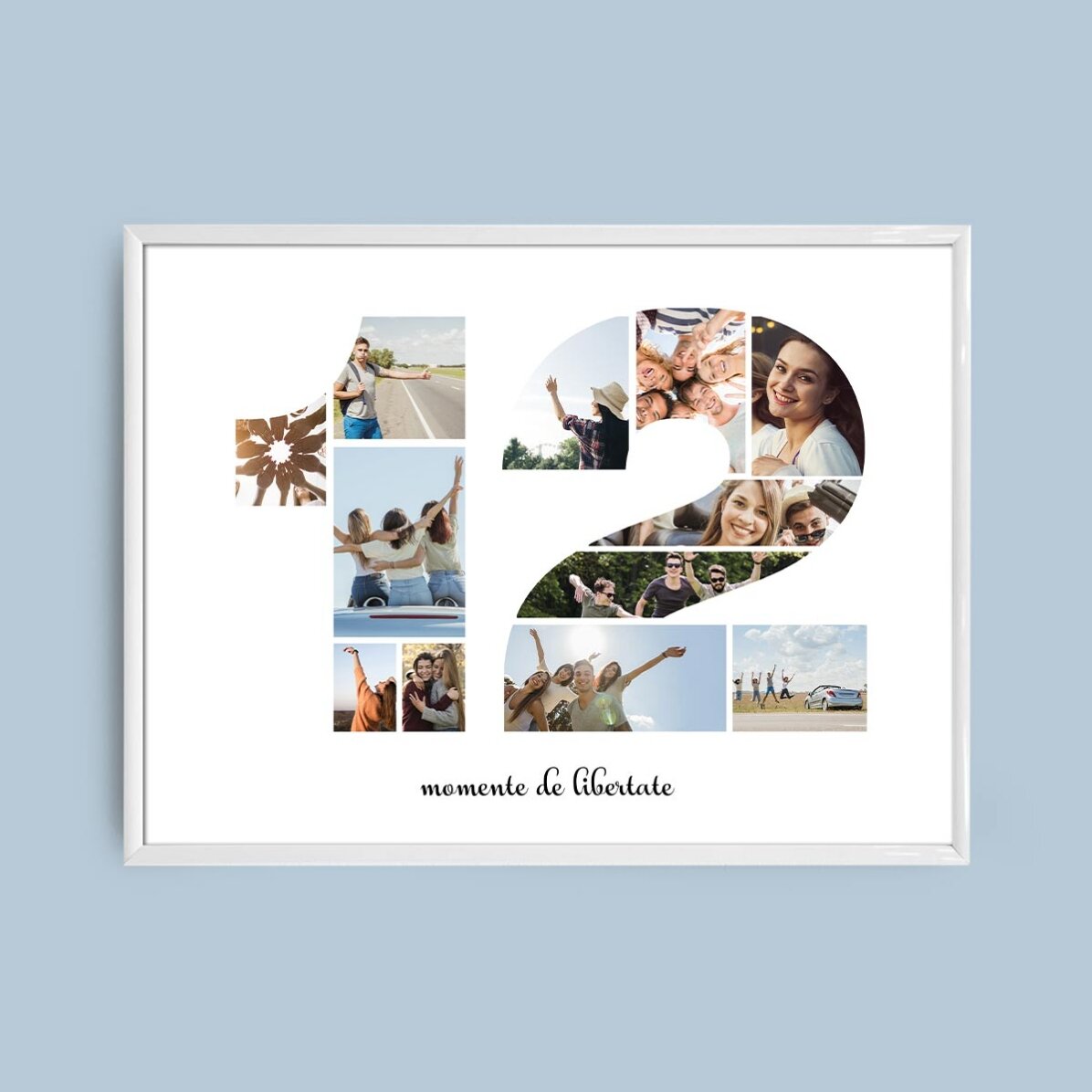 Personalised landscape canvas with 12 photos, model number 12 and text message