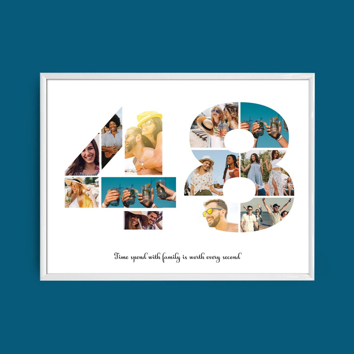 Personalised landscape canvas with 12 photos, model number 48, and text message