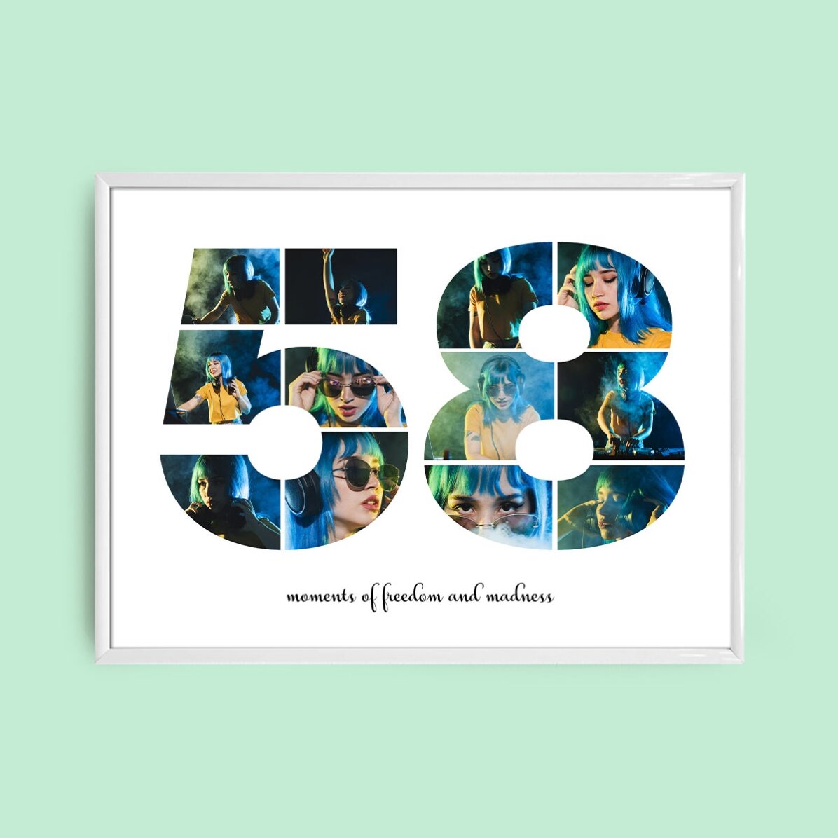 Personalised landscape canvas with 12 photos, model number 58, and text message