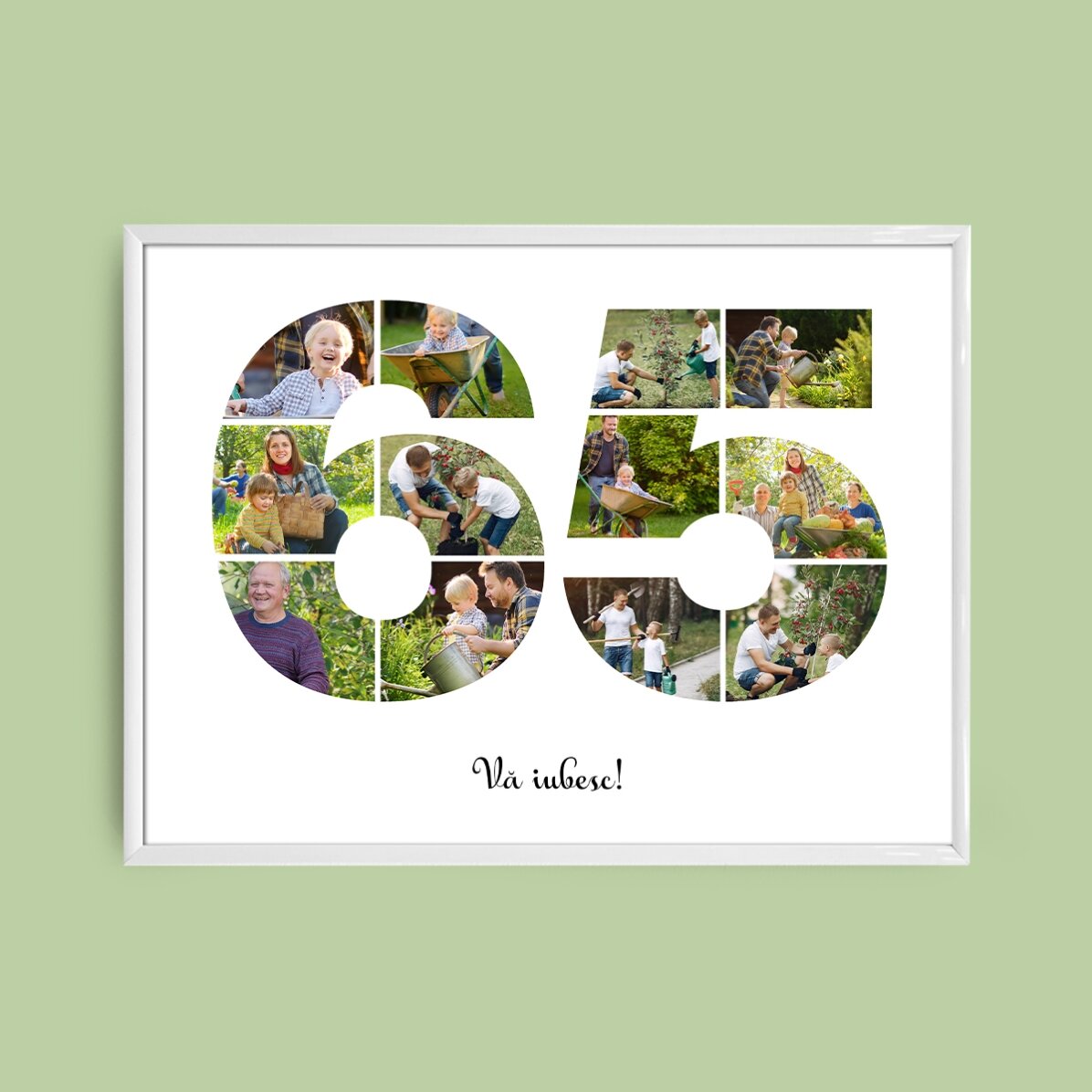 Personalised landscape canvas with 12 photos, model number 65, and text message