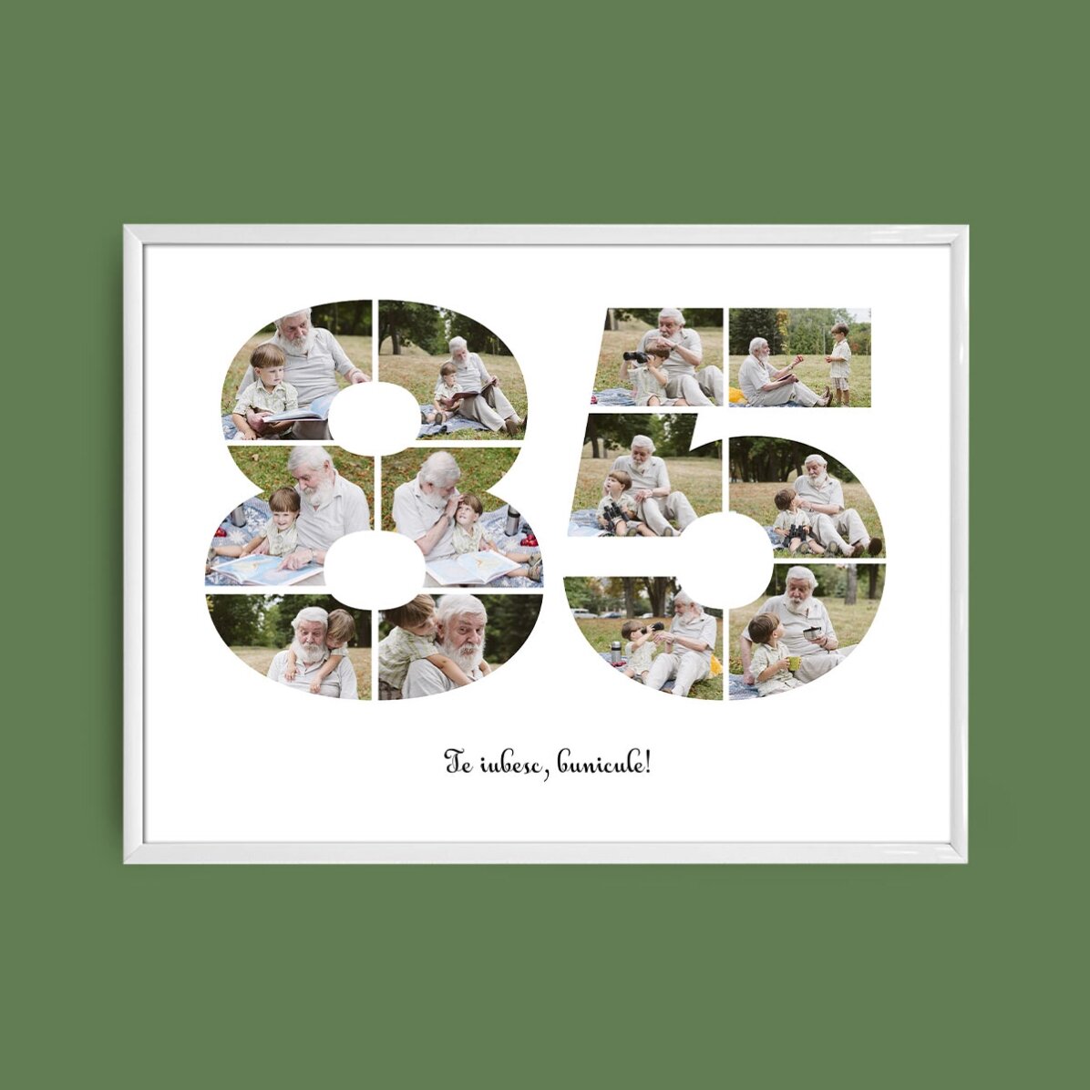 Personalised landscape canvas with 12 photos, model number 85, and text message